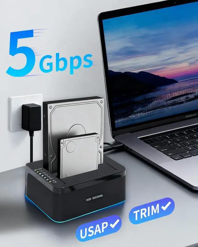 Alt view image 4 of 7 - Dual-Bay RGB Hard Drive Docking Station with Offline Clone Function, 2x20TB USB 3.0 SATA HDD/SSD Duplicator Dock, UASP & Trim Support, Plug & Play for 2.5/3.5 Inch HDD/SSD, Includes USB-A to C Cable