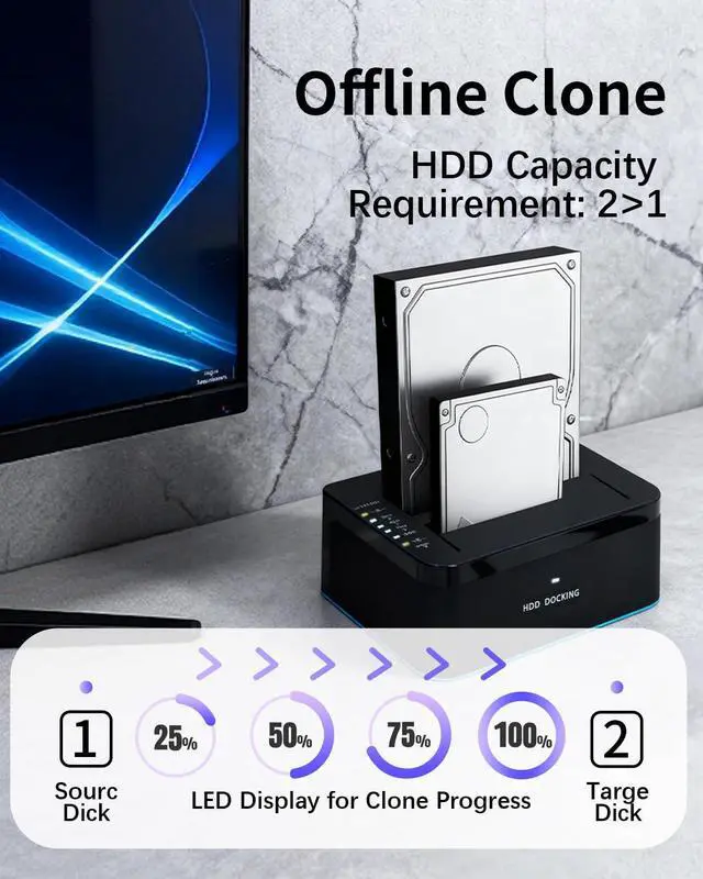 Alt view image 3 of 7 - Dual-Bay RGB Hard Drive Docking Station with Offline Clone Function, 2x20TB USB 3.0 SATA HDD/SSD Duplicator Dock, UASP & Trim Support, Plug & Play for 2.5/3.5 Inch HDD/SSD, Includes USB-A to C Cable