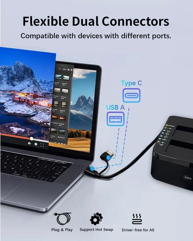 Alt view image 5 of 7 - Dual-Bay RGB Hard Drive Docking Station with Offline Clone Function, 2x20TB USB 3.0 SATA HDD/SSD Duplicator Dock, UASP & Trim Support, Plug & Play for 2.5/3.5 Inch HDD/SSD, Includes USB-A to C Cable