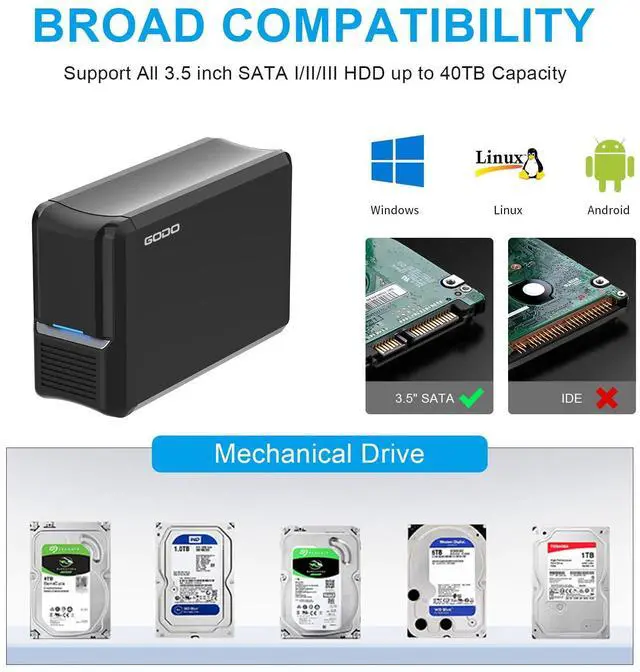 Alt view image 6 of 7 - 3.5 inch Dual Bay Hard Drive Enclosure,USB3.0 to 3.5" SATA HDDs External Enclosure,RAID 0/1/JBOD/PM Mode,Max 40TB RAID Hard Drive Docking Station,Aluminum