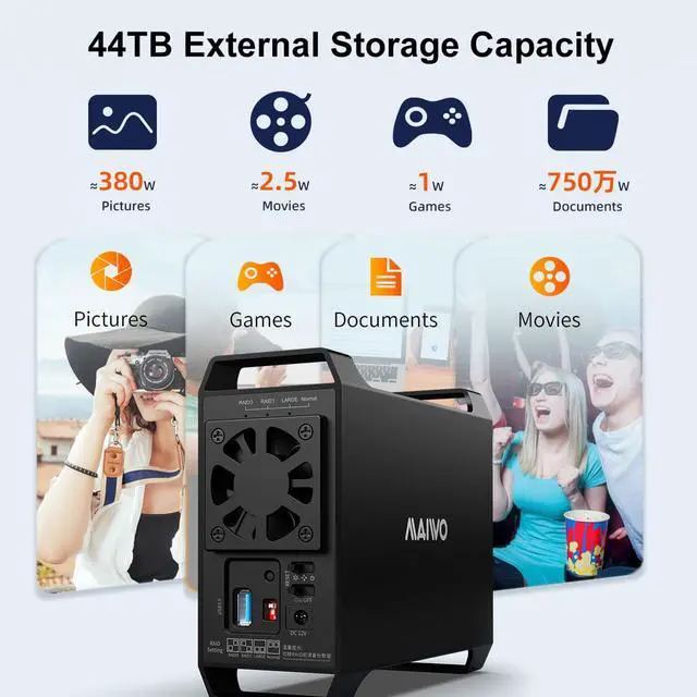 Alt view image 6 of 7 - Dual Bay Raid Enclosure for 3.5" SATA HDD,2 Bay Hard Drive Enclosure with Cooling Fan,4 Raid Modes,USB3.0 HDD Bay for 44TB Capacity Expansion
