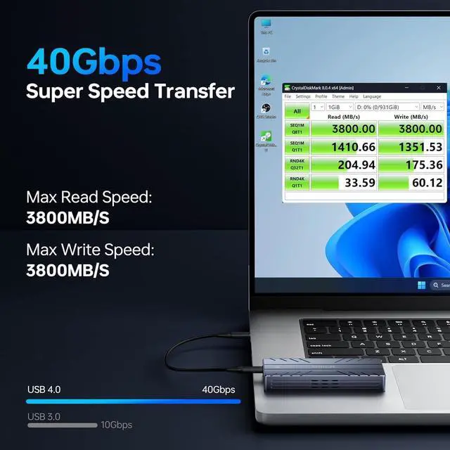 Alt view image 2 of 7 - 40Gbps M.2 NVMe Enclosure with Cooling Fan,Thunderbolt SSD Enclosure for M1 Pro/Max Mac,MOKiN Aluminum M.2 Enclosure Support M/B+M Key Size 2280/2260/2242 Compatible with Thunderbolt 3/4/USB4/3.2/3.1