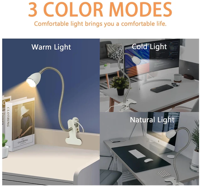 Alt view image 2 of 7 - Desk lamp Eye-Caring Table Lamps, 360°Rotation LED Desk Clip Lamp Reading Light Portable Reading Book Light, Clamp Light, Study Desk Lamps for Bedroom and Office (White with Dimme)