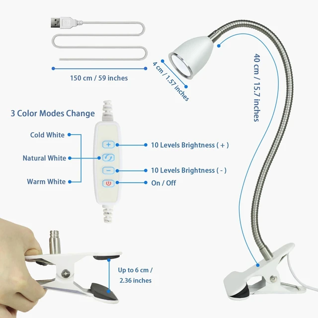 Alt view image 4 of 7 - Desk lamp Eye-Caring Table Lamps, 360°Rotation LED Desk Clip Lamp Reading Light Portable Reading Book Light, Clamp Light, Study Desk Lamps for Bedroom and Office (White with Dimme)