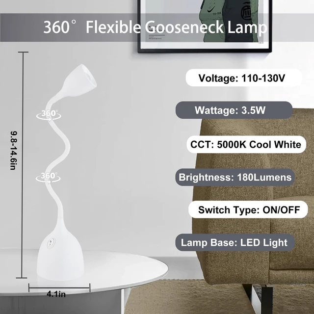 Alt view image 2 of 7 - Desk Lamp for College Dorm Room - LED Reading Light, White | Small Adjustable Flexible Gooseneck Table Lamp, Eye-Caring Desk Lamp for College Dorm Room Study Lamp