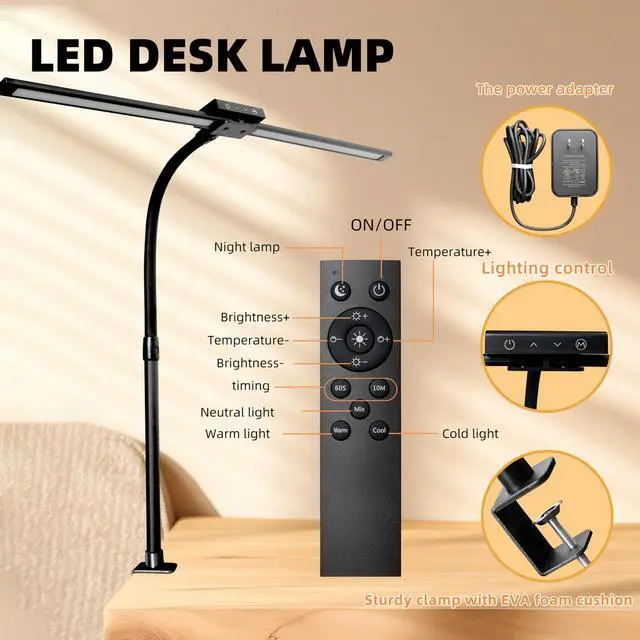 Alt view image 3 of 7 - Led Desk Lamp with Clamp, Gooseneck Remote Control Desk Light with Eye Protection, 24W Ultra Bright Stepless Dimming and Tempering LED Desk Lamp for Home Office, Bedroom, Study