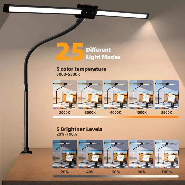 Alt view image 4 of 7 - Led Desk Lamp with Clamp, Gooseneck Remote Control Desk Light with Eye Protection, 24W Ultra Bright Stepless Dimming and Tempering LED Desk Lamp for Home Office, Bedroom, Study