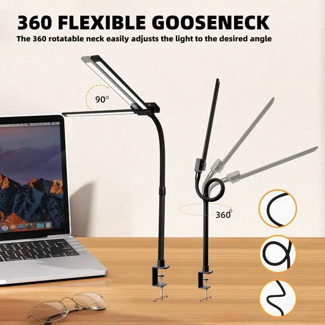 Alt view image 5 of 7 - Led Desk Lamp with Clamp, Gooseneck Remote Control Desk Light with Eye Protection, 24W Ultra Bright Stepless Dimming and Tempering LED Desk Lamp for Home Office, Bedroom, Study