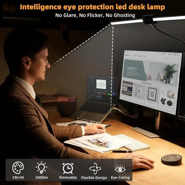 Alt view image 6 of 7 - Led Desk Lamp with Clamp, Gooseneck Remote Control Desk Light with Eye Protection, 24W Ultra Bright Stepless Dimming and Tempering LED Desk Lamp for Home Office, Bedroom, Study