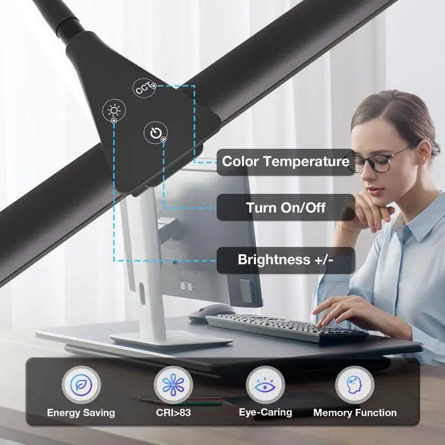 Alt view image 6 of 7 - Desk Lamps for Home Office, Eye-Caring Architect LED Desk Light with Adjustable Brightness, Dual Monitors Task Lighting with Clamp, for Workbench, Study, Drafting, 1400 lm