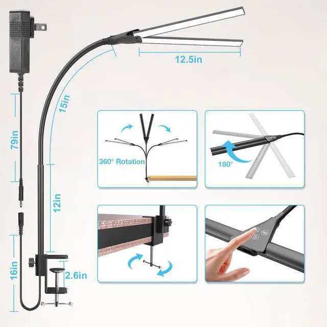 Alt view image 7 of 7 - Desk Lamps for Home Office, Eye-Caring Architect LED Desk Light with Adjustable Brightness, Dual Monitors Task Lighting with Clamp, for Workbench, Study, Drafting, 1400 lm