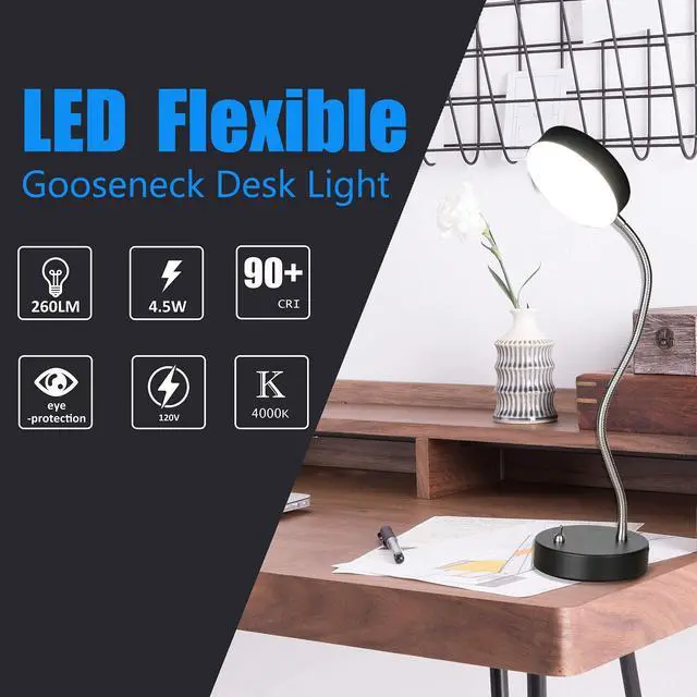 Alt view image 3 of 7 - 19.25" Flexible Gooseneck LED Desk Lamp, Plun-in Table Light with Stable Base, 4.5W 260LM 4000K, 65 Cord Small Desk Light for Home Office, Study, ETL Listed