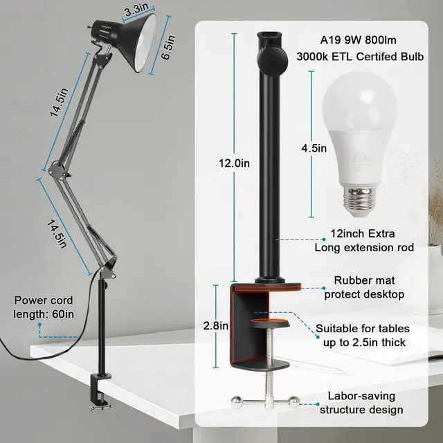 Alt view image 3 of 6 - LED Clamp on Desk Lamp,360°Adjustable Swing Arm Desk Lamp,Clamp Light with Eye-Caring LED Bulb for Home Office Reading Drafting