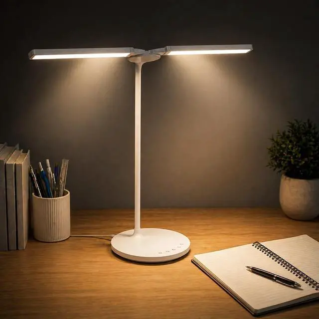 Main image of LED Desk Lamp for Home Office, Ultra-Wide Double Head Desk Light with 90° Flexible Gooseneck, Eye-Caring Low Blue Light, 5 Color Modes (2700K-6500K) & 5 Brightness Levels, Touch Control