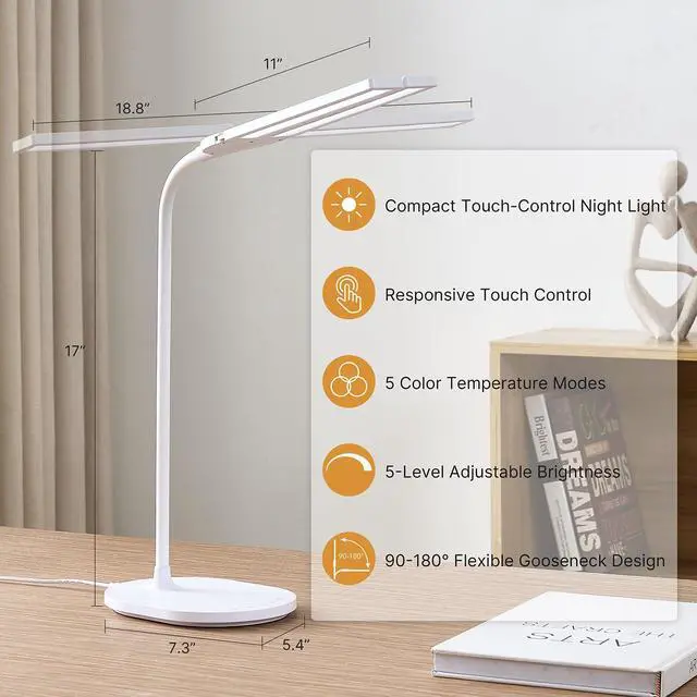 Alt view image 4 of 7 - LED Desk Lamp for Home Office, Ultra-Wide Double Head Desk Light with 90° Flexible Gooseneck, Eye-Caring Low Blue Light, 5 Color Modes (2700K-6500K) & 5 Brightness Levels, Touch Control