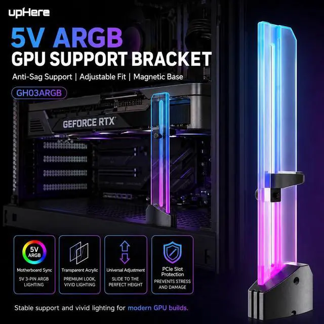 Alt view image 2 of 7 - 5V Addressable RGB Graphics Card GPU Brace Support Video Card Sag Holder,Built-in 5V ARGB,Adjustable Height Support,GH03ARGB