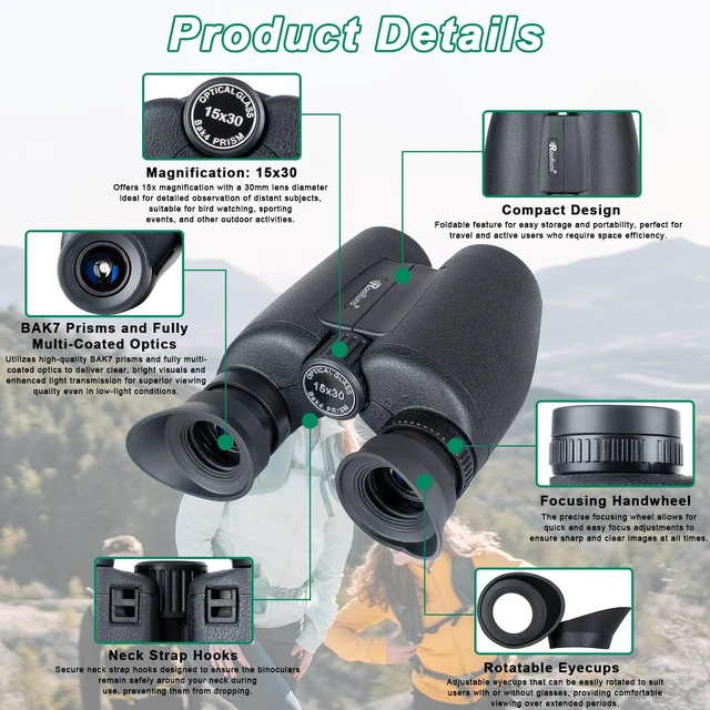 Alt view image 2 of 7 - 15x30 Binoculars for Adults High Power, Compact HD Waterproof Binoculars BAK4 Prism Binoculars with Low Light Night Vision, for Bird Watching Hunting Travel Cruise Ship Camping and Hiking