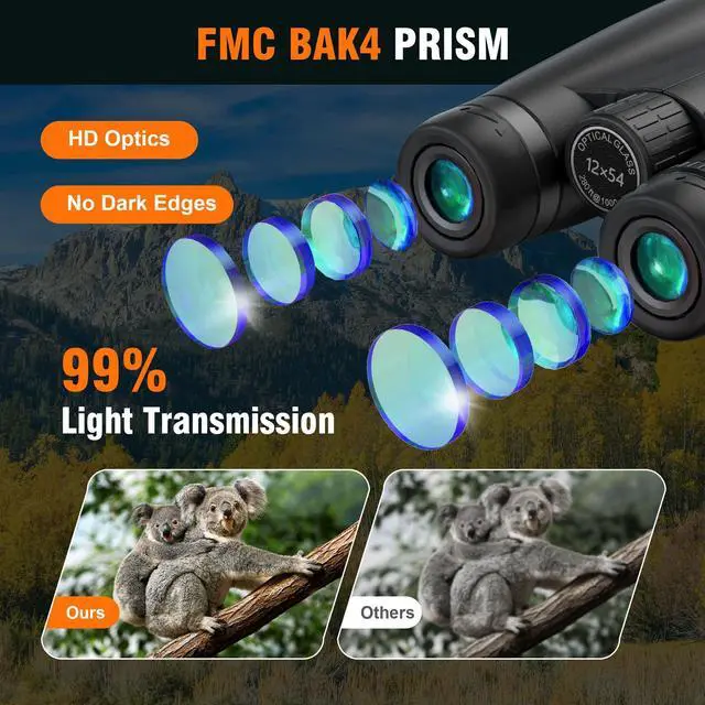 Alt view image 3 of 6 - 12x54 Binoculars for Adults High Powered - Large Eyepiece & Waterproof | BAK4 Prism, Clear Low Light Vision, Easy Focus, for Bird Watching, Wildlife, Cruise, Travel, Hunting, Outdoor Sports