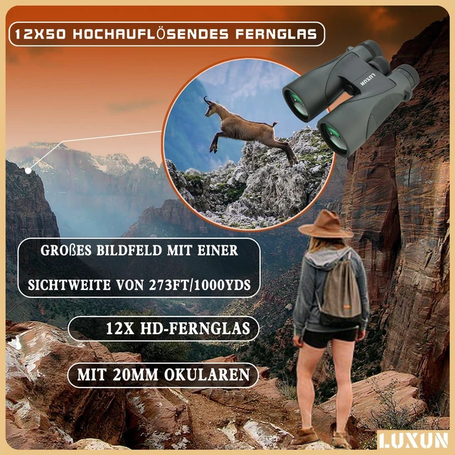 Alt view image 2 of 6 - 12x50 High Powered Binoculars for Adults Hunting, Binoculars with Long Range BAK4 Prism FMC Prisms, for Hunting Bird Watching Hiking Travel Cruise Trip,Green