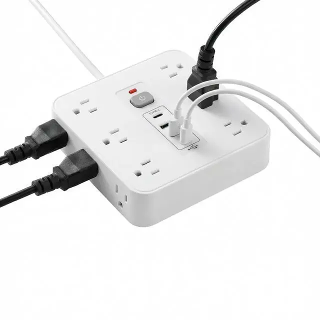Alt view image 2 of 5 - 16-in-1 Surge Protector Power Strip with 12 AC Outlets, 4 USB Ports (2 USB-C & 2 USB-A) | 10A Overload Protection, Flat Plug Extension Cord for Home Office Gaming Travel (White, 6FT)