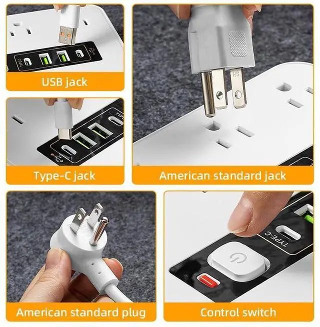 Alt view image 5 of 5 - 16-in-1 Surge Protector Power Strip with 12 AC Outlets, 4 USB Ports (2 USB-C & 2 USB-A) | 10A Overload Protection, Flat Plug Extension Cord for Home Office Gaming Travel (White, 6FT)