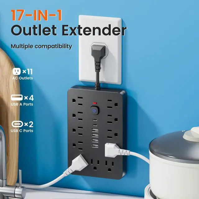 Alt view image 2 of 6 - Power Strip Surge Protector - Chiefway Multiple Outlet Wall Plug with 11 AC Outlets, 6 USB Ports (2 USB C), Short Extension Cord Black, Wall Mountable for Office Home Travel Dorm Essentials
