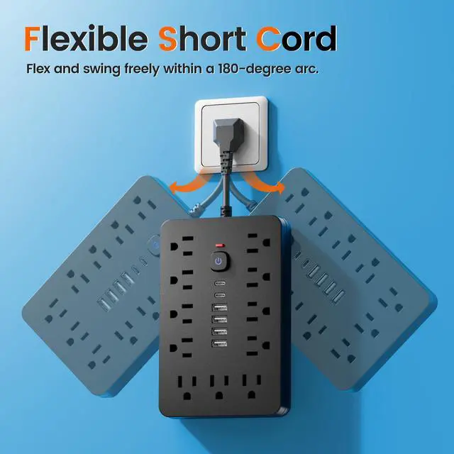 Alt view image 5 of 6 - Power Strip Surge Protector - Chiefway Multiple Outlet Wall Plug with 11 AC Outlets, 6 USB Ports (2 USB C), Short Extension Cord Black, Wall Mountable for Office Home Travel Dorm Essentials