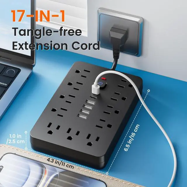 Alt view image 3 of 6 - Power Strip Surge Protector - Chiefway Multiple Outlet Wall Plug with 11 AC Outlets, 6 USB Ports (2 USB C), Short Extension Cord Black, Wall Mountable for Office Home Travel Dorm Essentials