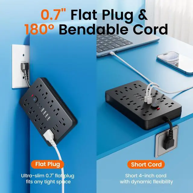 Alt view image 6 of 6 - Power Strip Surge Protector - Chiefway Multiple Outlet Wall Plug with 11 AC Outlets, 6 USB Ports (2 USB C), Short Extension Cord Black, Wall Mountable for Office Home Travel Dorm Essentials