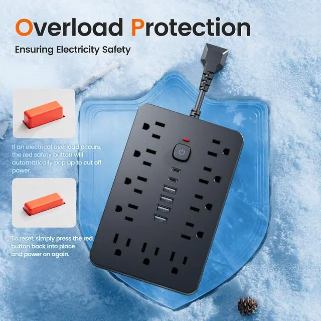 Alt view image 4 of 6 - Power Strip Surge Protector - Chiefway Multiple Outlet Wall Plug with 11 AC Outlets, 6 USB Ports (2 USB C), Short Extension Cord Black, Wall Mountable for Office Home Travel Dorm Essentials