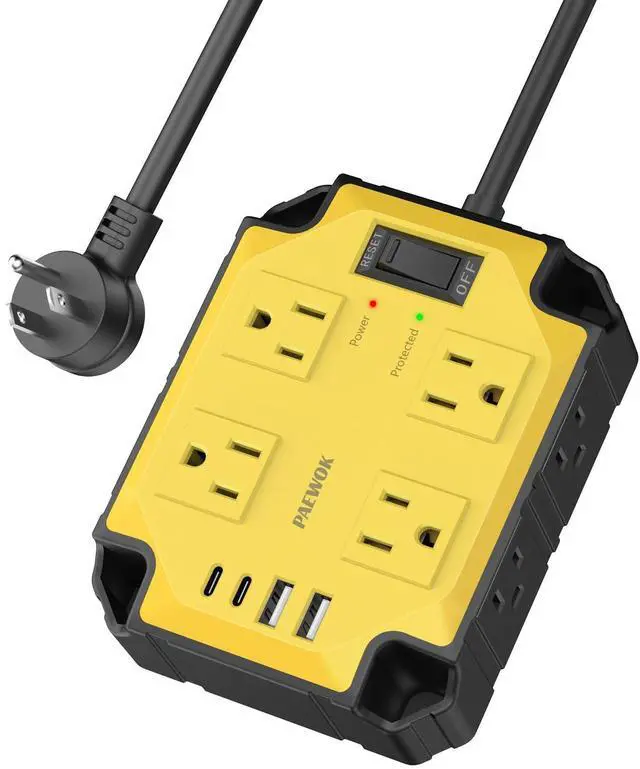Main image of 8-Outlets Magnetic Heavy Duty Power Strip, 6.5 Ft Extension Cord | 15 Amps/1200 Joules, Multi-Plug with 4 USB Ports (2 USB-C) for Workshop Garage Industrial, Yellow