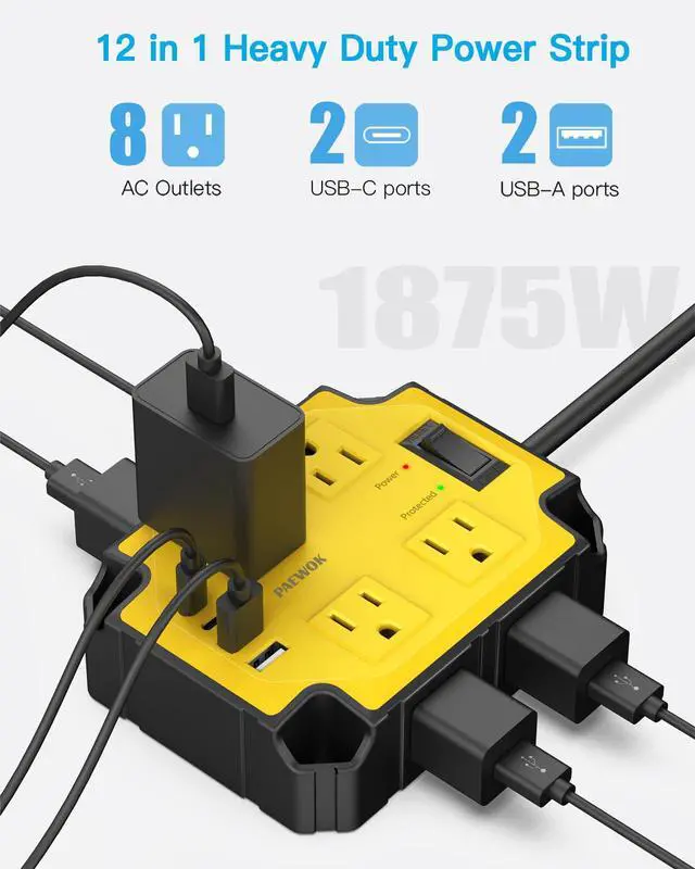 Alt view image 2 of 7 - 8-Outlets Magnetic Heavy Duty Power Strip, 6.5 Ft Extension Cord | 15 Amps/1200 Joules, Multi-Plug with 4 USB Ports (2 USB-C) for Workshop Garage Industrial, Yellow