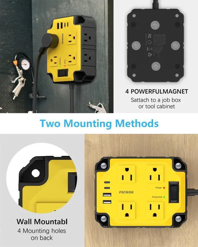 Alt view image 3 of 7 - 8-Outlets Magnetic Heavy Duty Power Strip, 6.5 Ft Extension Cord | 15 Amps/1200 Joules, Multi-Plug with 4 USB Ports (2 USB-C) for Workshop Garage Industrial, Yellow