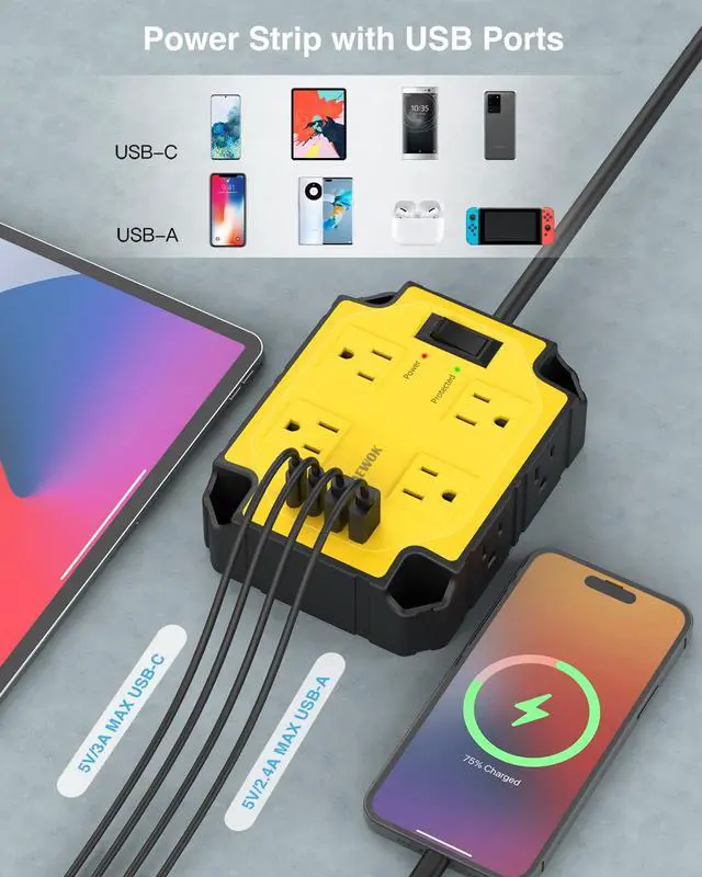 Alt view image 4 of 7 - 8-Outlets Magnetic Heavy Duty Power Strip, 6.5 Ft Extension Cord | 15 Amps/1200 Joules, Multi-Plug with 4 USB Ports (2 USB-C) for Workshop Garage Industrial, Yellow
