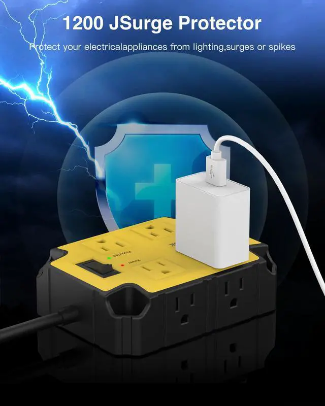 Alt view image 5 of 7 - 8-Outlets Magnetic Heavy Duty Power Strip, 6.5 Ft Extension Cord | 15 Amps/1200 Joules, Multi-Plug with 4 USB Ports (2 USB-C) for Workshop Garage Industrial, Yellow
