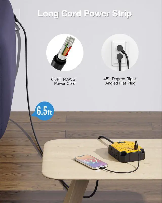 Alt view image 6 of 7 - 8-Outlets Magnetic Heavy Duty Power Strip, 6.5 Ft Extension Cord | 15 Amps/1200 Joules, Multi-Plug with 4 USB Ports (2 USB-C) for Workshop Garage Industrial, Yellow