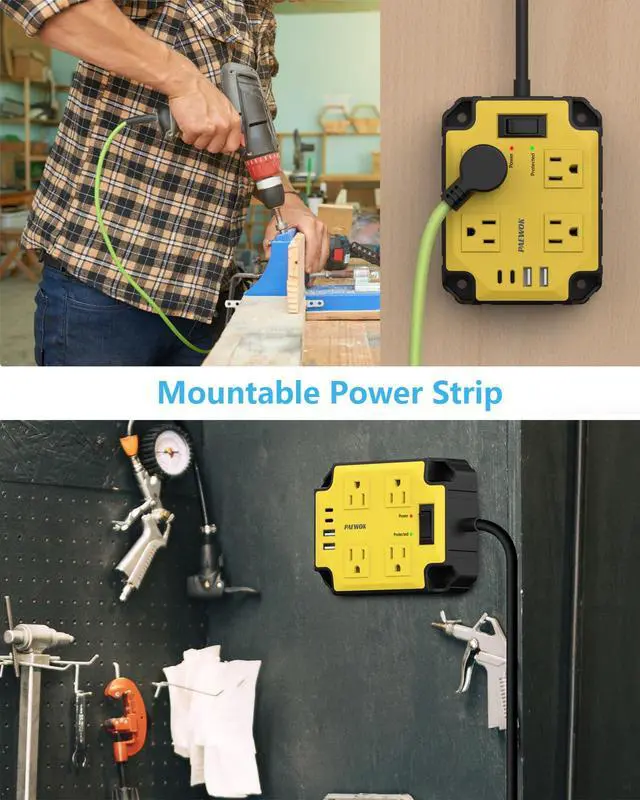 Alt view image 7 of 7 - 8-Outlets Magnetic Heavy Duty Power Strip, 6.5 Ft Extension Cord | 15 Amps/1200 Joules, Multi-Plug with 4 USB Ports (2 USB-C) for Workshop Garage Industrial, Yellow