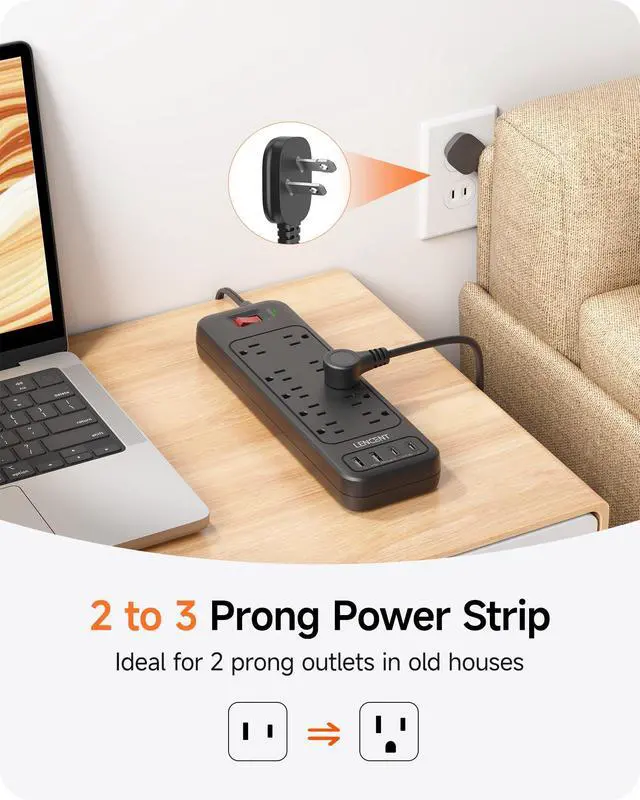 Alt view image 2 of 7 - 2 Prong Surge Protector Power Strip 1700J, Flat Plug 2 Prong to 3 Prong Outlet Adapter, 10 AC Outlets and 4 USB Ports, 6 Feet Extension Cord for Non-Grounded Outlets, Black, ETL Listed