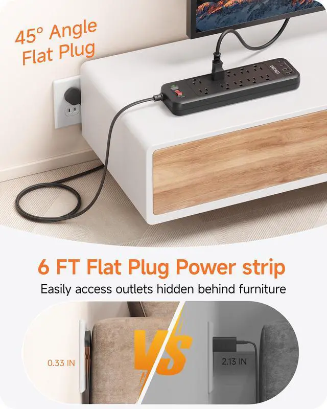 Alt view image 3 of 7 - 2 Prong Surge Protector Power Strip 1700J, Flat Plug 2 Prong to 3 Prong Outlet Adapter, 10 AC Outlets and 4 USB Ports, 6 Feet Extension Cord for Non-Grounded Outlets, Black, ETL Listed