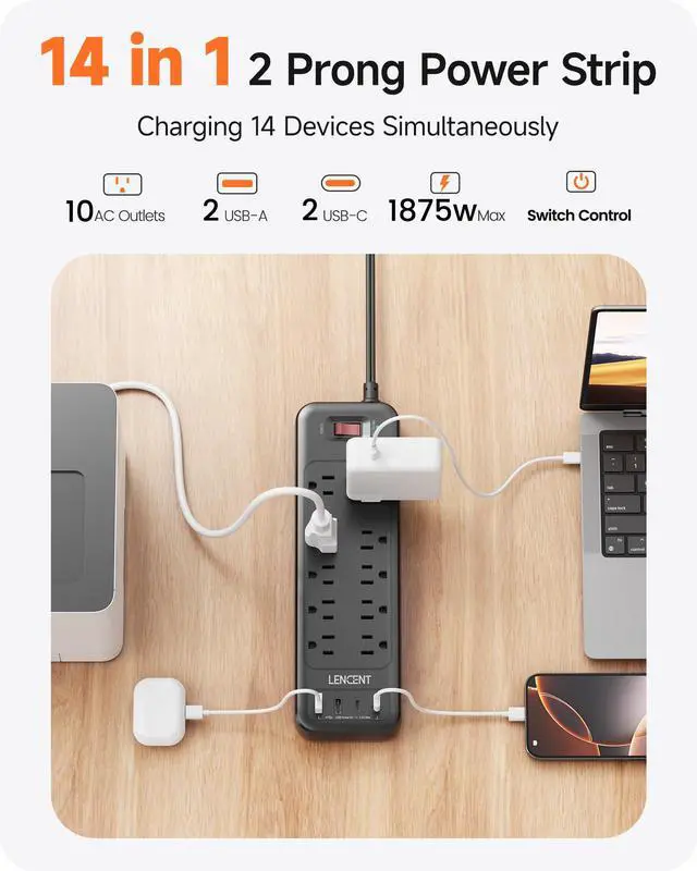 Alt view image 4 of 7 - 2 Prong Surge Protector Power Strip 1700J, Flat Plug 2 Prong to 3 Prong Outlet Adapter, 10 AC Outlets and 4 USB Ports, 6 Feet Extension Cord for Non-Grounded Outlets, Black, ETL Listed