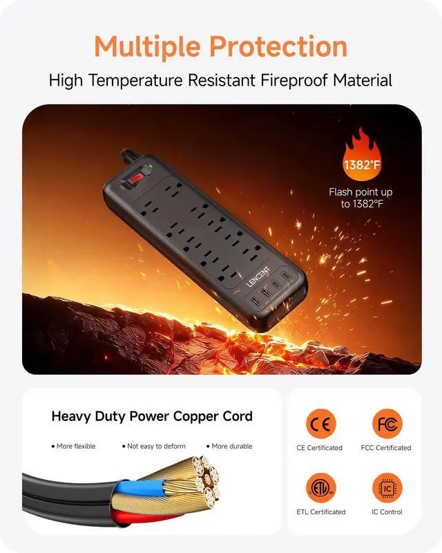 Alt view image 7 of 7 - 2 Prong Surge Protector Power Strip 1700J, Flat Plug 2 Prong to 3 Prong Outlet Adapter, 10 AC Outlets and 4 USB Ports, 6 Feet Extension Cord for Non-Grounded Outlets, Black, ETL Listed