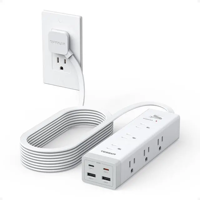 Main image of Surge Protector Power Strip PD 20W, Ultra Thin Flat Plug 15 FT Extension Cord, 9 Outlets 4 USB(2 USB C), 1050J Protection Multiple Outlets Charging Station for Home, Office, College Dorm Room