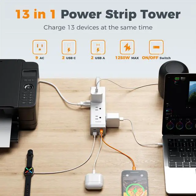 Alt view image 2 of 7 - Surge Protector Power Strip PD 20W, Ultra Thin Flat Plug 15 FT Extension Cord, 9 Outlets 4 USB(2 USB C), 1050J Protection Multiple Outlets Charging Station for Home, Office, College Dorm Room