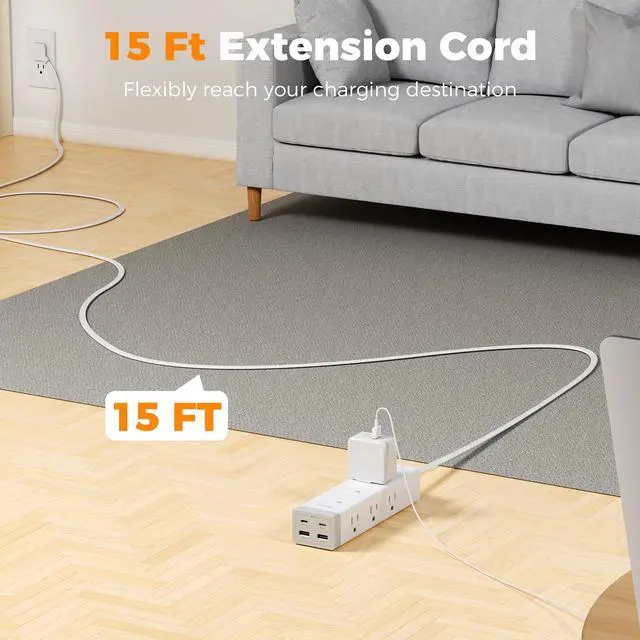 Alt view image 7 of 7 - Surge Protector Power Strip PD 20W, Ultra Thin Flat Plug 15 FT Extension Cord, 9 Outlets 4 USB(2 USB C), 1050J Protection Multiple Outlets Charging Station for Home, Office, College Dorm Room