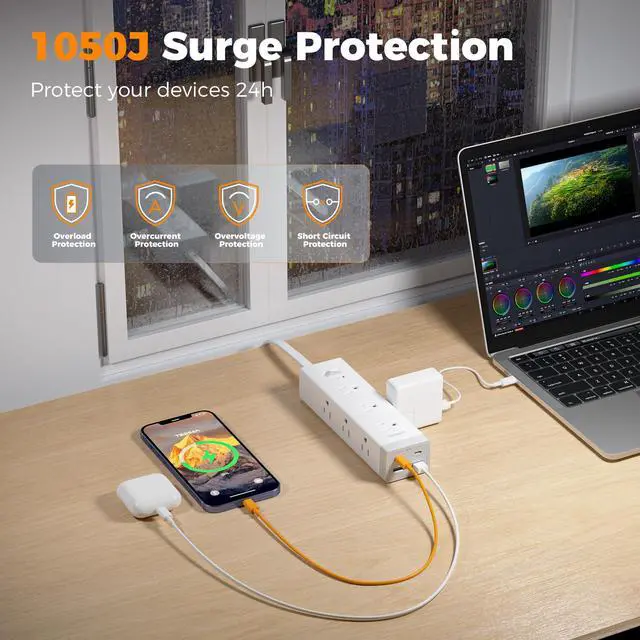 Alt view image 6 of 7 - Surge Protector Power Strip PD 20W, Ultra Thin Flat Plug 15 FT Extension Cord, 9 Outlets 4 USB(2 USB C), 1050J Protection Multiple Outlets Charging Station for Home, Office, College Dorm Room