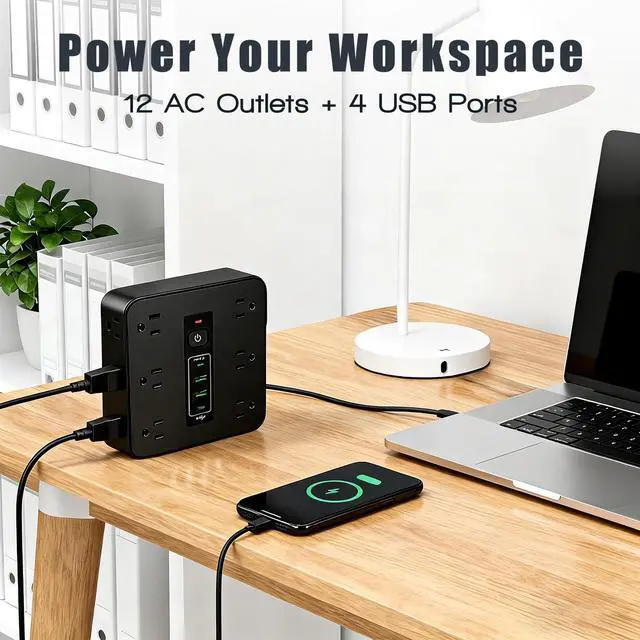 Alt view image 5 of 7 - 16-in-1 Surge Protector Power Strip with 12 AC Outlets, 2 USB-C & 2 USB-A Ports, 6.6FT Extension Cord, Overload Protection, Wide-Spaced Design for Home, Office, Gaming & Travel