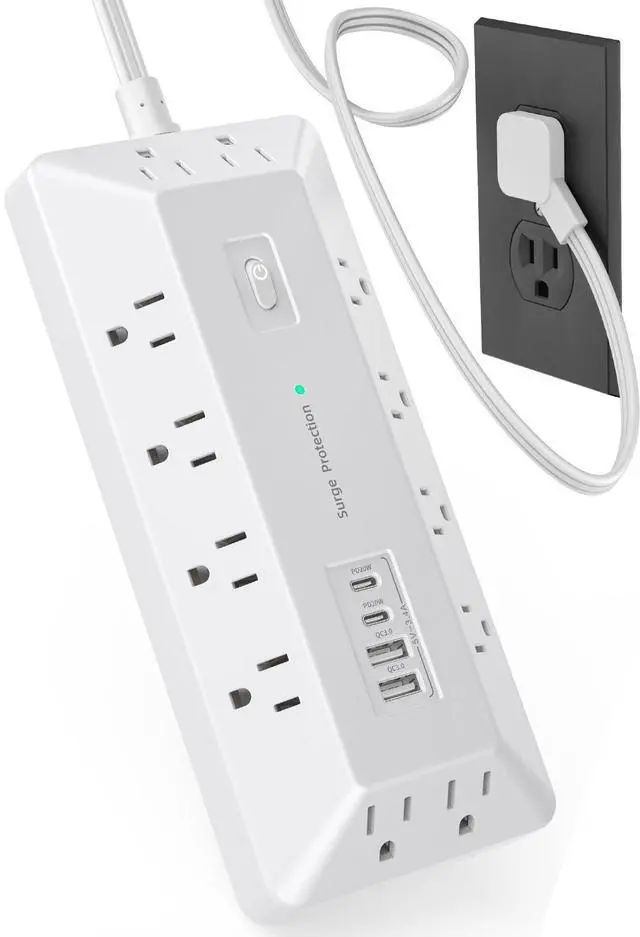 Main image of 12 Outlets + 4 USB (16-in-1) Surge Protector Power Strip with 2 USB C, T-Shaped Desktop Charging Station with Phone Stand, Flat Plug 6FT Extension Cord, 1800J for Home Office Gaming Dorm