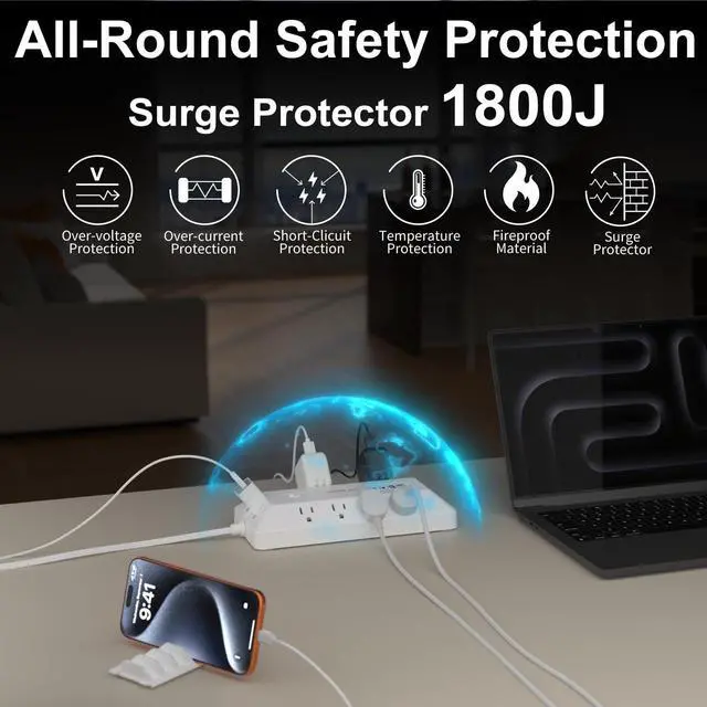 Alt view image 2 of 6 - 12 Outlets + 4 USB (16-in-1) Surge Protector Power Strip with 2 USB C, T-Shaped Desktop Charging Station with Phone Stand, Flat Plug 6FT Extension Cord, 1800J for Home Office Gaming Dorm