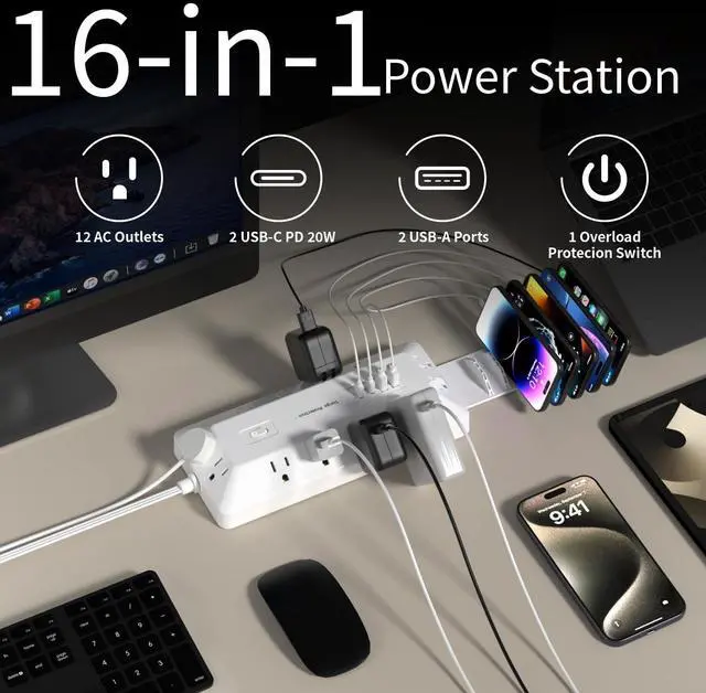 Alt view image 3 of 6 - 12 Outlets + 4 USB (16-in-1) Surge Protector Power Strip with 2 USB C, T-Shaped Desktop Charging Station with Phone Stand, Flat Plug 6FT Extension Cord, 1800J for Home Office Gaming Dorm