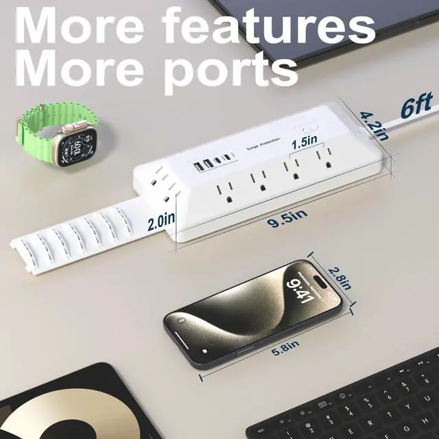Alt view image 6 of 6 - 12 Outlets + 4 USB (16-in-1) Surge Protector Power Strip with 2 USB C, T-Shaped Desktop Charging Station with Phone Stand, Flat Plug 6FT Extension Cord, 1800J for Home Office Gaming Dorm